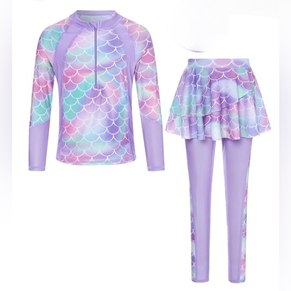 New Mermaid-Themed Long Sleeve Rash Guard and Pants Swimsuit Set Sz 8/10